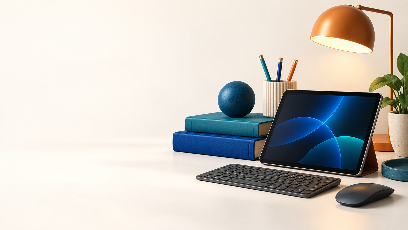 A bright study desk with books, a tablet, keyboard and warm lamp